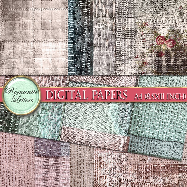 May include: A set of 10 digital papers featuring a patchwork design with various textures and colors, including beige, brown, pink, and blue. The papers are perfect for scrapbooking, card making, and other crafting projects.  The papers are 8.5 x 11 inches.
