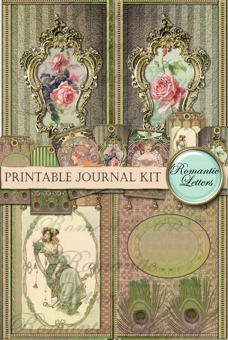 Pode incluir: Kit de di&aacute;rio imprim&iacute;vel com uma est&eacute;tica vintage. O kit inclui imagens de mulheres, rosas e molduras ornamentadas. O texto "Cartas rom&acirc;nticas" aparece em um c&iacute;rculo verde com uma borda dourada.
