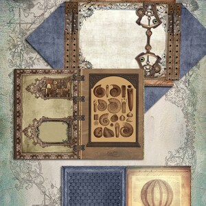 Op de afbeelding: Printbare enveloppen en kaarten met een vintage steampunk-esthetiek. De ontwerpen bevatten ingewikkelde details, waaronder tandwielen, een luchtballon en een schelpmotief.