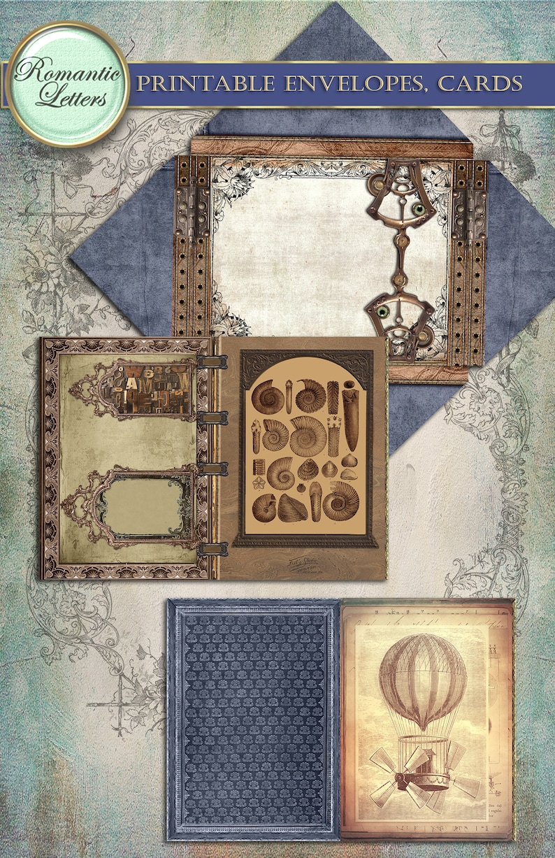 Op de afbeelding: Printbare enveloppen en kaarten met een vintage steampunk-esthetiek. De ontwerpen bevatten ingewikkelde details, waaronder tandwielen, een luchtballon en een schelpmotief.