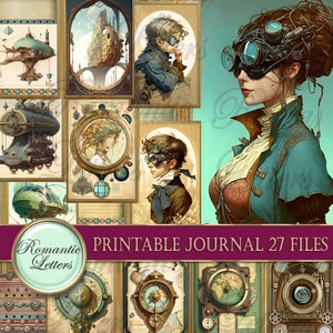 Puede incluir: Un conjunto de 27 páginas de diario imprimibles con ilustraciones de temática steampunk. Las imágenes incluyen dirigibles, engranajes, brújulas y retratos de personas con gafas. El texto "Romantic Letters" y "Printable Journal 27 Files" está incluido en la imagen.