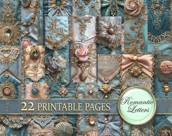 Digital printable scrapbook paper pack Shabby chic album luxury  printable craft paper embroidery baroque journal pages gold lace velvet A4