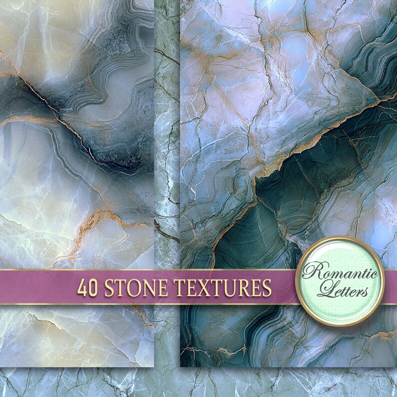 May include: Two digital paper textures featuring a blue and green marble pattern with gold veins. The text "40 Stone Textures" is displayed on a pink ribbon.