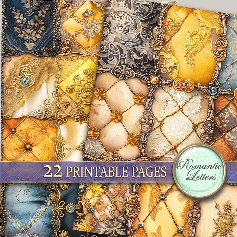 Digital printable scrapbook paper pack medieval fabric luxury craft paper gothic junk journal tufted silk antique gold Victorian paper A4 image 2