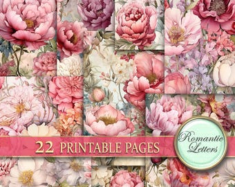 Può includere: Un foglio di collage digitale con 22 pagine stampabili con illustrazioni ad acquerello di fiori rosa e bianchi. Il testo "Romantic Letters" è in un cerchio nell'angolo in basso a destra dell'immagine.