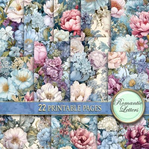 Shabby Chic Blumen Digitales Scrapbook Papier Pack druckbares Junk Journal Seiten Blumenpapier Rose nahtlose Pastellmuster komplizierte Muster