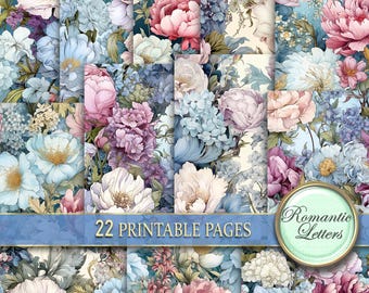 May include: A set of 22 printable pages featuring floral designs with blue, pink, and white flowers. The text "Romantic Letters" is on the bottom right corner of the image.