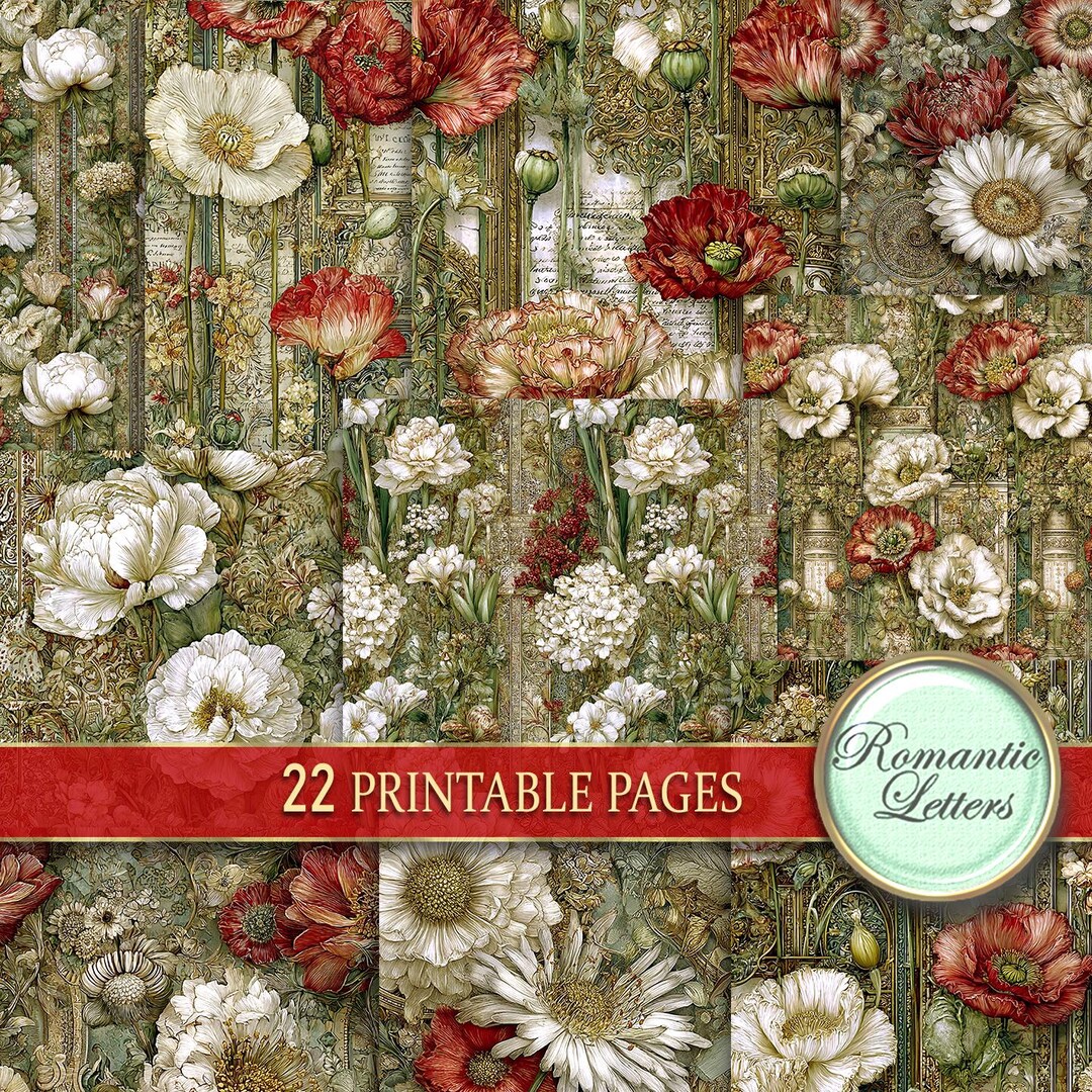 Botanical Junk Journal Pages Digital Scrapbook Paper Pack Shabby Chic ...