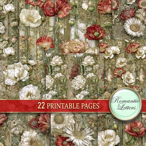 Botanisches junk Journal Seiten digitales Papier Pack Shabby Chic Blumen Viktorianischer Garten Sommer A4
