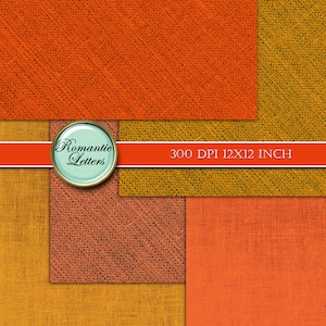 K&ouml;nnte beinhalten: Vier digitale Papiertexturen in Orange, Rot und Gelb mit einem gewebten Stoffmuster. Die Papiere sind 12x12 Zoll gro&szlig; und haben 300 DPI. Der Text "Romantic Letters" befindet sich auf einem Kreis in der Mitte des Bildes.