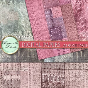 May include: A set of six digital papers featuring pink and white textured fabric with stitching. The papers are A4 size (8.5 x 11 inches) and are perfect for scrapbooking, card making, and other craft projects.