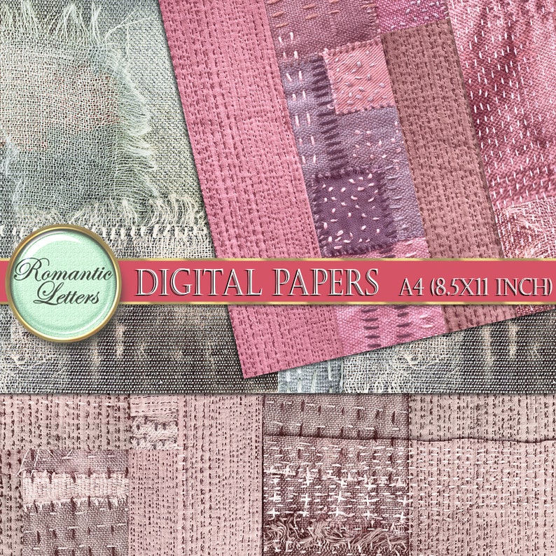 May include: A set of six digital papers featuring pink and white textured fabric with stitching. The papers are A4 size (8.5 x 11 inches) and are perfect for scrapbooking, card making, and other craft projects.