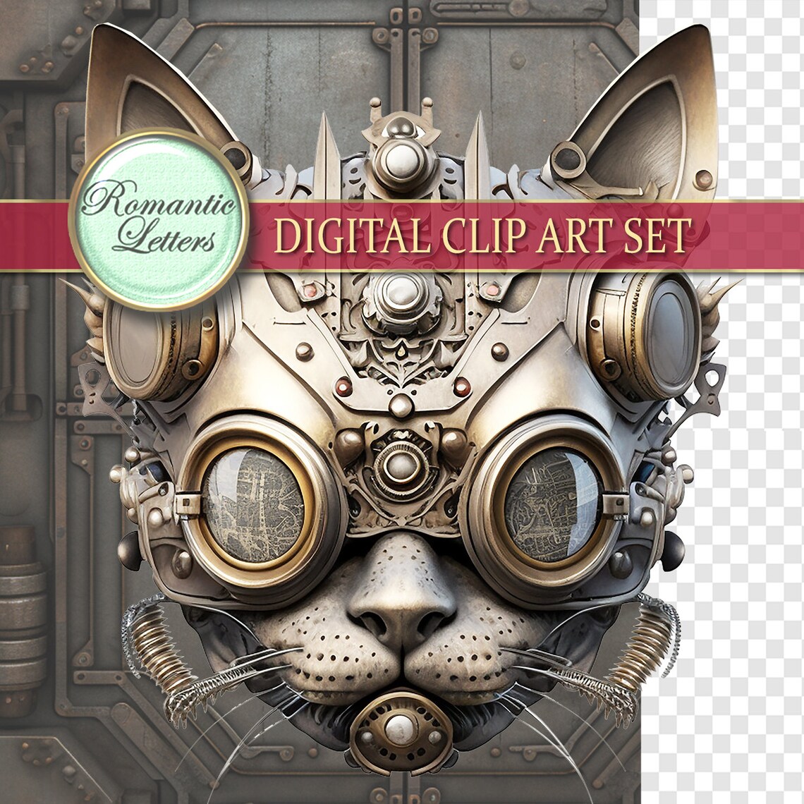 Steampunk Cat Clip Art Digital Rust Texture Digital Scrapbook Elements ...
