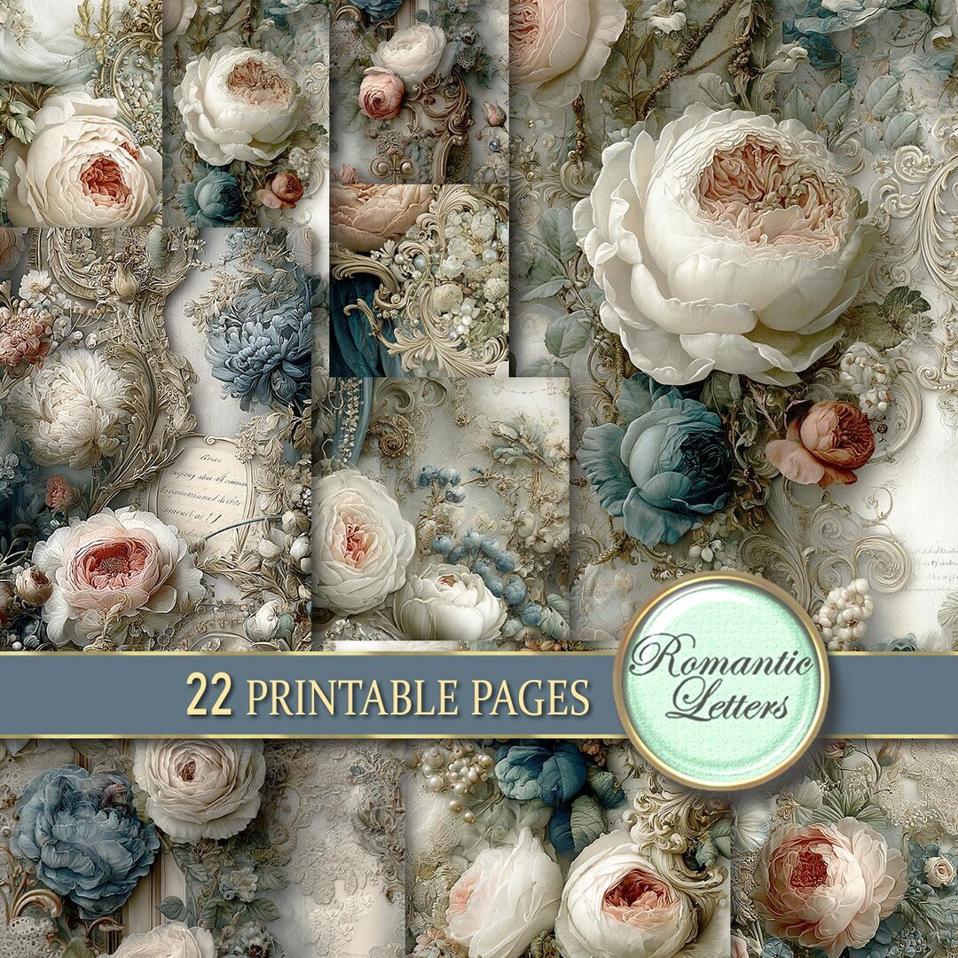 White Rose Digital Paper Pack: Shabby Chic, Floral Seamless Patterns ...