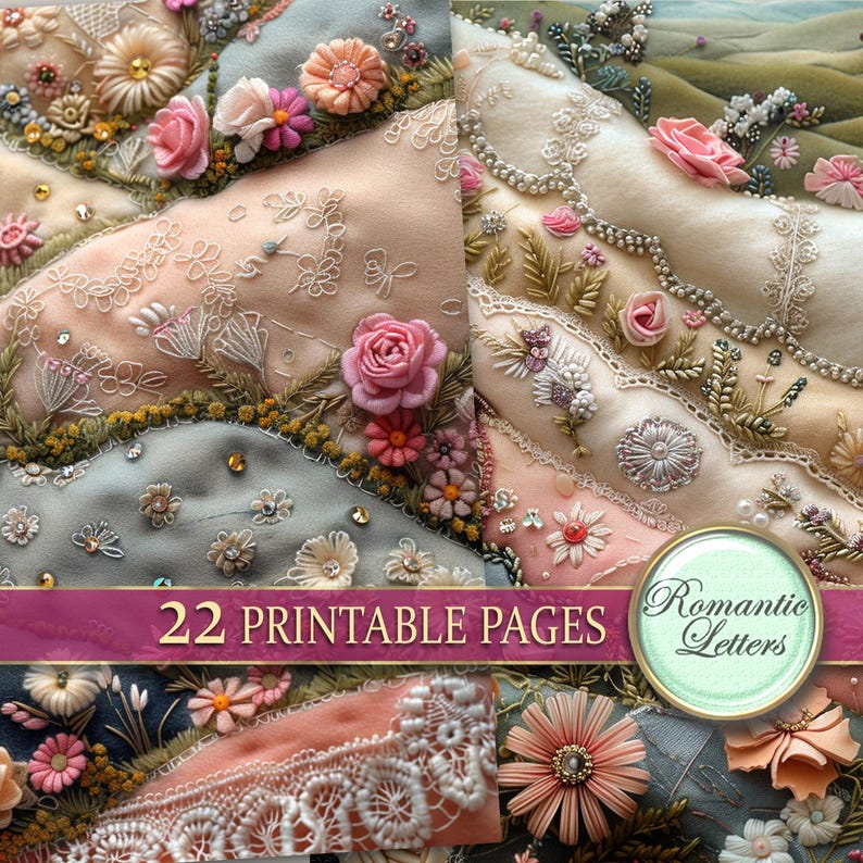 K&ouml;nnte beinhalten: Eine Collage aus 22 druckbaren Seiten mit aufwendigen Stickereien mit floralen Motiven, Perlen und Spitze. Die Seiten sind perfekt f&uuml;r Bastelprojekte, Scrapbooking oder um Ihren Designs einen Hauch von Vintage-Charme zu verleihen.