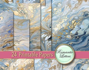 Dreamy Blue Marbled Digital Scrapbook Paper Pack, Abstract Art background, origami, Pastel patterns (Printable 12x12)