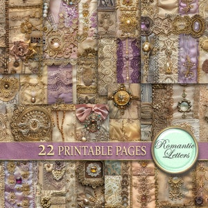 Confezione di carta per scrapbooking stampabile digitale, pagine di diario spazzatura, carta artigianale stampabile di lusso antico shabby chic, ricamo vintage, pizzo dorato