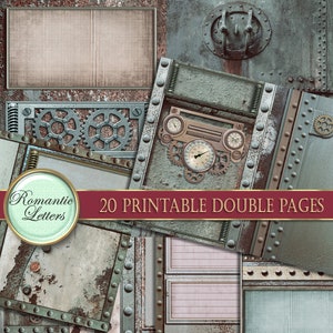 May include: A digital paper pack with 20 printable double pages featuring a steampunk theme. The pages have a distressed metal background with gears, rivets, and gauges. The text "Romantic Letters" is on a gold circle.