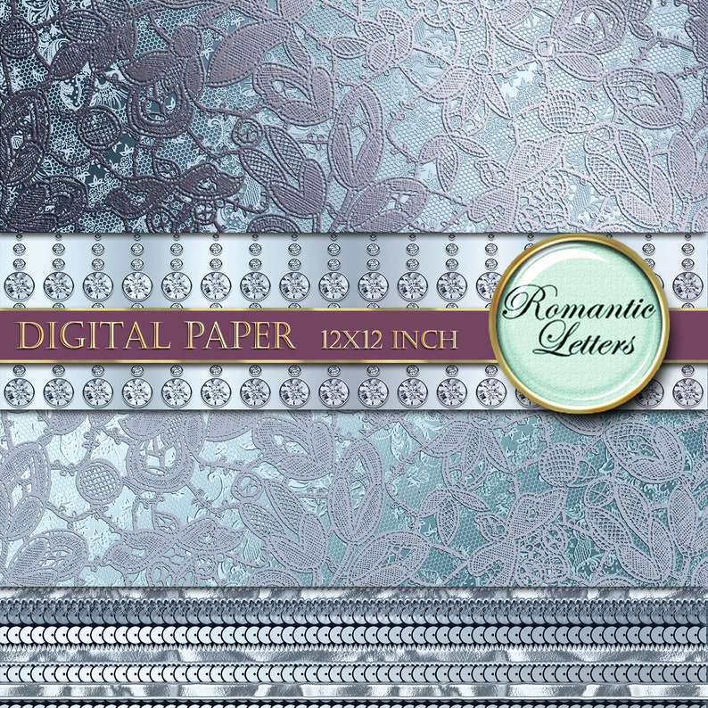 May include: Digital paper pack with three different patterns featuring a silver lace design. The patterns include a silver lace design with a row of silver diamonds, a silver lace design with a light blue background, and a silver lace design with a silver sequin border. The text "DIGITAL PAPER 12X12 INCH" and "Romantic Letters" is included in the image.