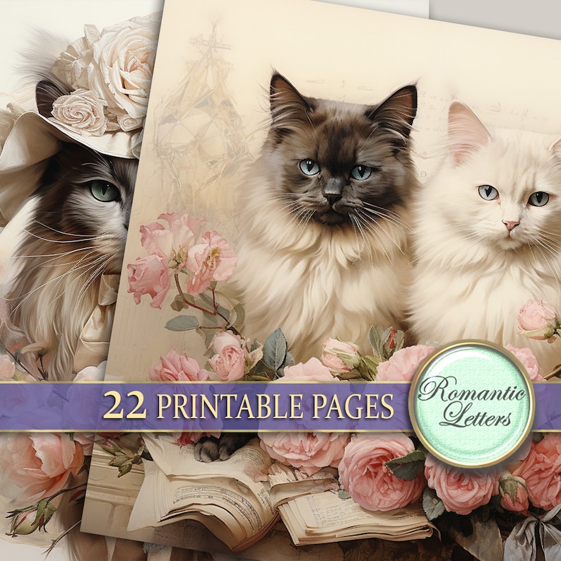 Cats and Rose Flowers Floral Digital Scrapbook Paper Pack Shabby Chic ...