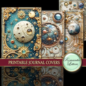 Printable journal covers digital printable book cover fantasy magic mini album cover gold celestial moon space astronomy astrology stars