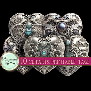 May include: Ten ornate silver heart-shaped clip art images with intricate designs and blue gemstones. The clip art is perfect for adding a touch of elegance to any project.