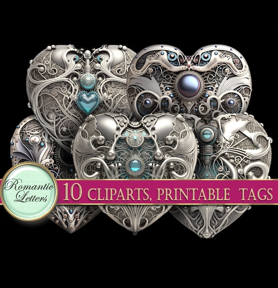Steampunk clip art heart digital printable tags Scrapbook tag junk journal silver texture steampunk scrapbook cyberpunk clipart PNG download