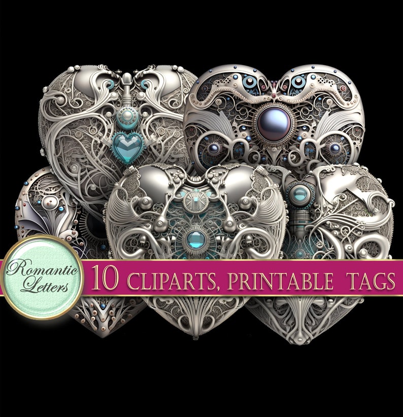 May include: Ten ornate silver heart-shaped clip art images with intricate designs and blue gemstones. The clip art is perfect for adding a touch of elegance to any project.