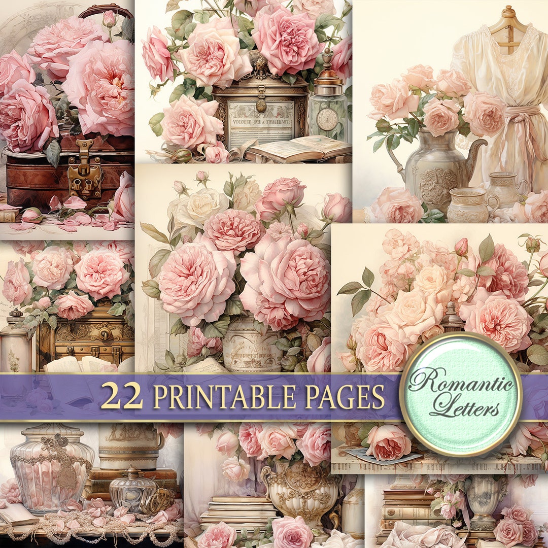 Rose Flowers Floral Digital Scrapbook Paper Pack Shabby Chic Vintage ...