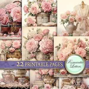 Rose Blumen Floral Digital Scrapbook Paper Pack Shabby Chic Vintage antikes Papier rosa Viktorianisches Aquarellpapier printable Art 12x12