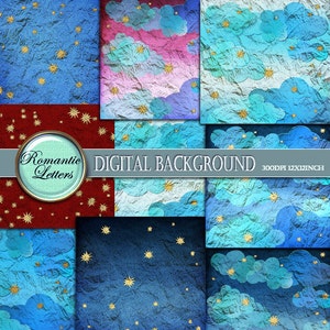 Paquete de papel digital de noche, papel de álbum de recortes, estrellas, fondo digital, fondo digital para recién nacidos, fondo de papel arrugado, fondo de nubes, cielo, estrellas
