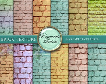May include: A set of 8 digital paper textures featuring brick walls in various pastel colors, including pink, blue, green, and yellow. The papers are 300 DPI and 12x12 inches.