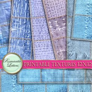 Può includere: Un collage digitale di texture stampabili da 30,5 x 30,5 cm che presenta vari motivi di tessuto blu e viola con un bordo cucito.