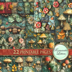 May include: A digital collage of 22 printable pages featuring a patchwork design with mushrooms, berries, and flowers in shades of green, red, and gold. The text "Romantic Letters" is visible in the lower right corner.