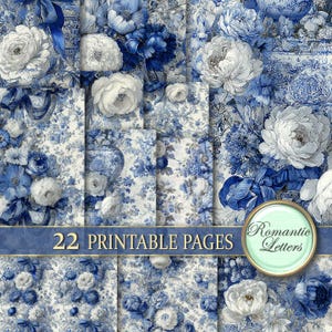 Puede incluir: Un conjunto de 22 páginas imprimibles con diseños florales azules y blancos. Las páginas muestran varios patrones con peonías, lazos y jarrones. El texto "Romantic Letters" se muestra en un emblema redondo.