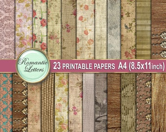 May include: 23 printable digital papers in A4 size (8.5x11 inches). The papers feature a variety of vintage-inspired patterns, including floral, geometric, and textured designs. The papers are perfect for scrapbooking, card making, and other craft projects.