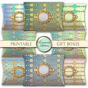 Puede incluir: Cajas de regalo imprimibles con un dise&ntilde;o de joyas. Las cajas tienen un fondo azul claro, verde y rosa con detalles dorados. El texto "Cajas de regalo imprimibles" y "Letras rom&aacute;nticas" est&aacute; en las cajas.