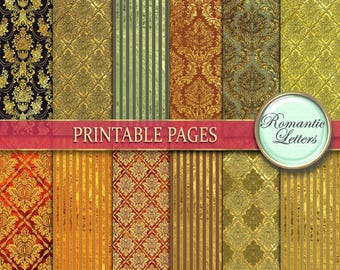 Autumn colors Digital scrapbooking paper pack damask patterns golden silk fabric digital vintage wallpaper striped patterns gold texture