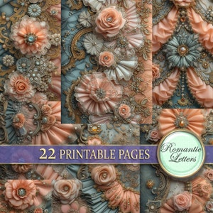 Digital printable scrapbook paper pack silk fabric texture lace printable craft paper vintage paper Victorian junk journal pages rose A4