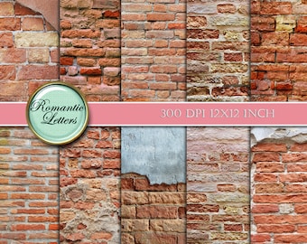 May include: A digital paper pack of 6 different brick wall textures. Each texture is 12x12 inches and 300 DPI. The textures feature red, orange, and yellow bricks with some areas of chipped paint and exposed mortar.