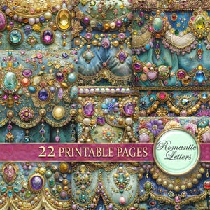 Confezione di carta per scrapbooking stampabile digitale, carta artigianale stampabile, carta di lusso, collage di gioielli con diamanti, pagine di diario spazzatura, acquerello glamour A4
