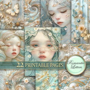 Pagine di diario spazzatura digitale stampabile, confezione di carta per scrapbooking per neonati, collage di decoupage shabby chic, carta dorata, nuvole, stelle, farfalle, formato A4
