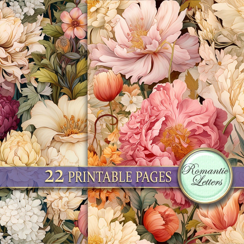 Pu&ograve; includere: Un pacchetto di carta digitale con 22 pagine stampabili che presenta un motivo floreale con fiori rosa, bianchi e gialli. Il testo "Romantic Letters" &egrave; in un cerchio nell'angolo in basso a destra dell'immagine.
