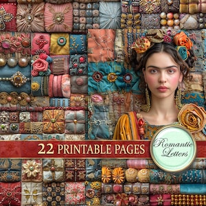 Può includere: Un collage di 22 pagine stampabili con intricati quadrati di tessuto con diverse trame, colori e decorazioni. I quadrati sono disposti in una griglia, creando uno sfondo visivamente accattivante e strutturato. Il testo "Romantic Letters" è visualizzato in un carattere decorativo su un cerchio blu chiaro.