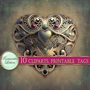 May include: A gold heart-shaped frame with intricate details and colorful gemstones. The frame is decorated with a black heart in the center. 10 CLPARTS, PRINTABLE TAGS.