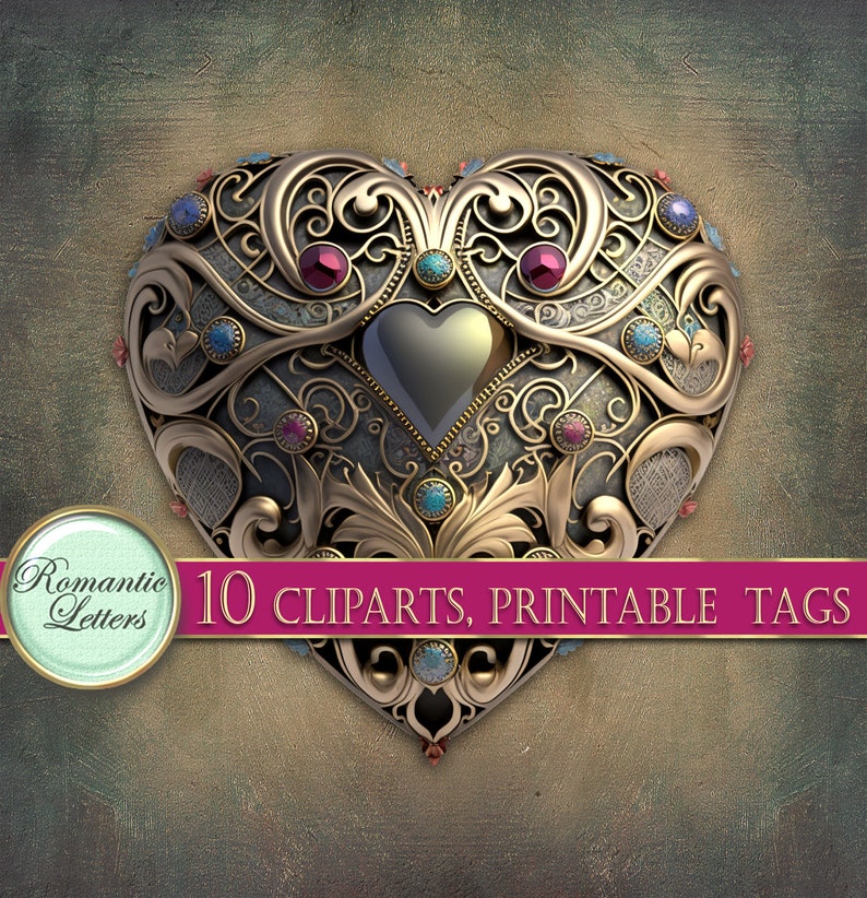May include: A gold heart-shaped frame with intricate details and colorful gemstones. The frame is decorated with a black heart in the center. 10 CLPARTS, PRINTABLE TAGS.