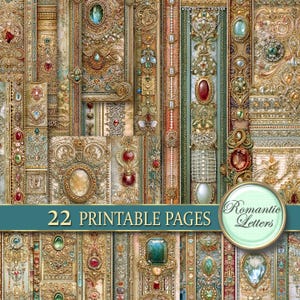May include: A collage of ornate, vintage-style digital papers. The designs feature gold filigree, jewels, and decorative elements in shades of red, green, and blue. The text "22 PRINTABLE PAGES" and "Romantic Letters" are visible.