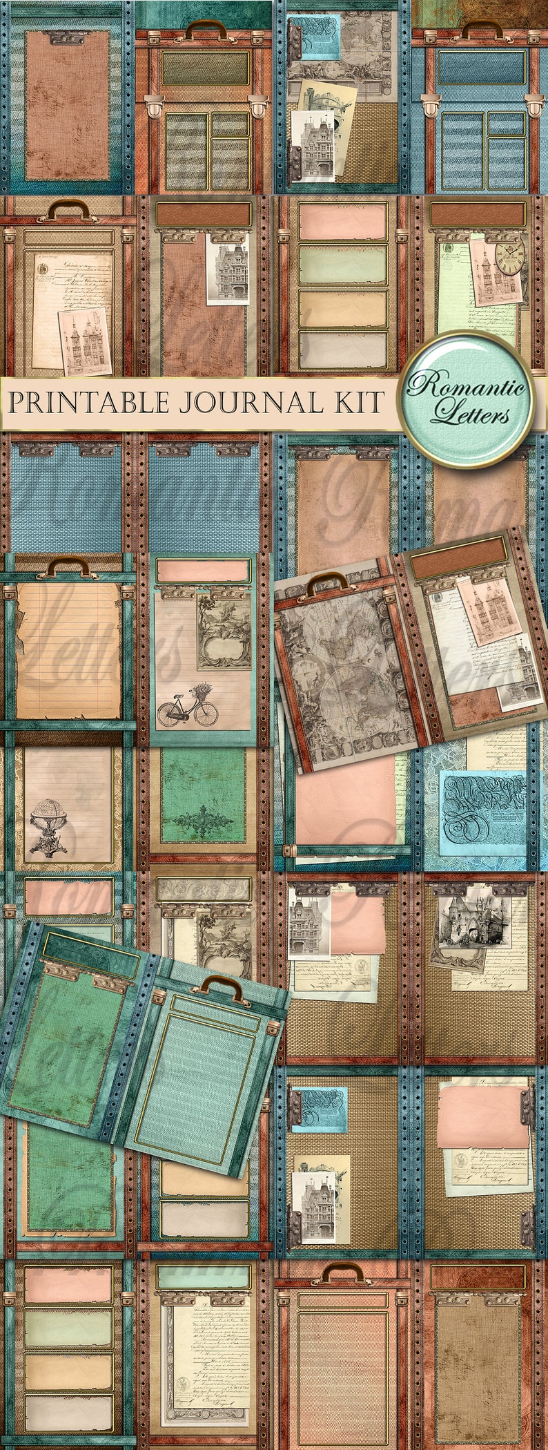 Printable travel journal kit digital scrapbooking printable junk journal craft paper A4 8.5x11 mini album printable journal pages tags card image 2