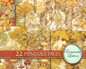 May include: A collage of 22 printable pages featuring a vintage illustration of a forest with mushrooms and trees in shades of yellow, brown, and green. The text "22 Printable Pages" and "Romantic Letters" is included in the image.