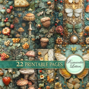 Digital printable scrapbook paper pack Magic forest Patchwork fabric printable craft paper embroidery quilt junk journal pages mushrooms